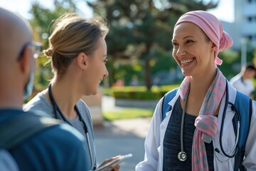 Visitors warmly interact with a dedicated doctor outside the hospital, sharing smiles and support in a caring environment