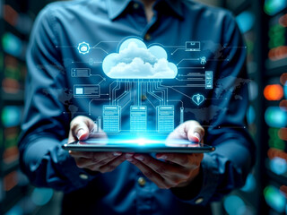 Cloud Computing Data Center concept of Digital cloud solutions on PCB futuristic background