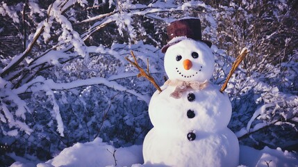 Fototapeta premium A cheerful snowman stands tall in a snowy forest, its hat and scarf adding a touch of warmth to the winter scene.