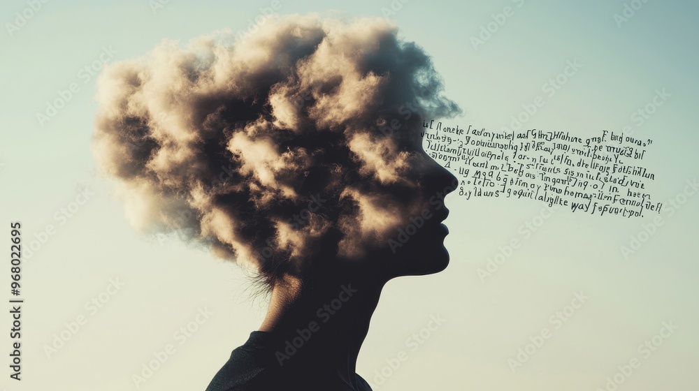Poster thoughts as floating clouds: a human silhouette with a head filled with floating, abstract cloud sha