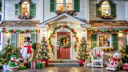 A beautifully decorated house entrance adorned with Christmas lights, wreaths, and festive greenery, creating a warm holiday atmosphere