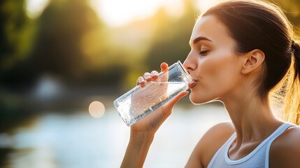 Young woman drinking water from a glass.