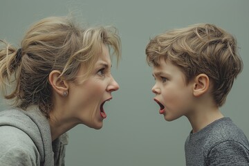 Mother and son arguing face to face, illustrating family conflict and emotional tension in parentchild relationships for psychological analysis and family counseling use.
