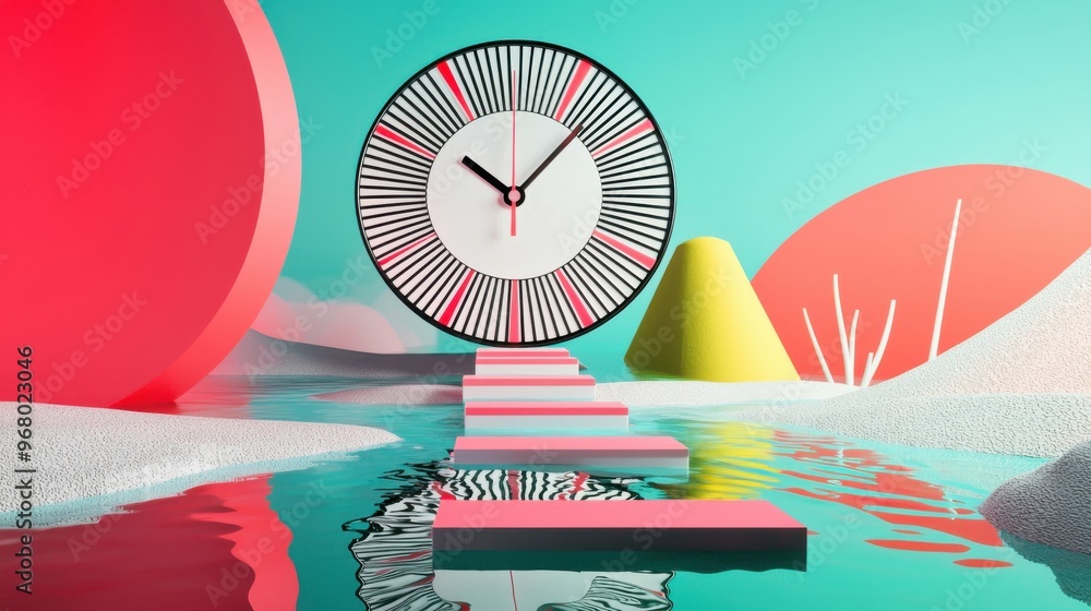 Poster timely progress: a clock made of abstract shapes, with each hour on the clock marked by one of the s