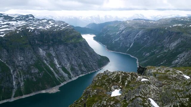 Aerial drone view of Ringedalsvatnet Lake near Trolltunga in Hardangervidda National Park, Norway