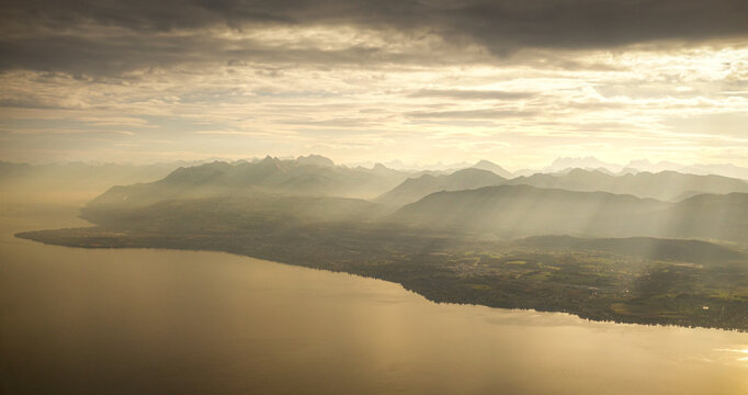 Aerial View of the Alps and Lake Geneva at Sunrise