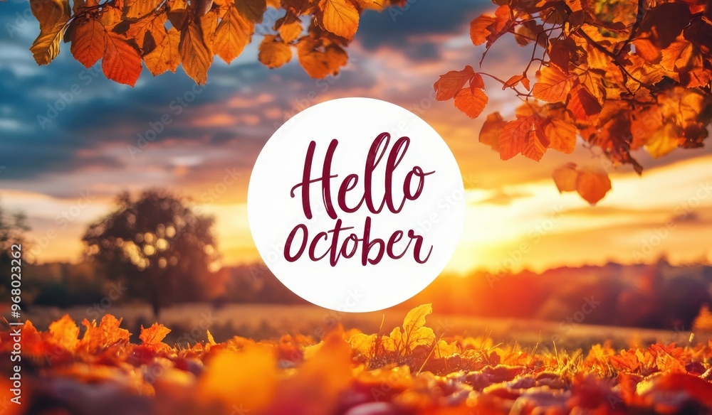 Poster a beautiful sunset in the background with an autumn landscape, featuring golden trees and colorful l