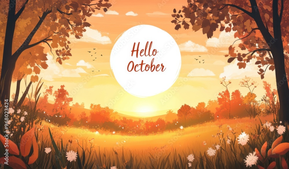Poster a beautiful sunset in the background with trees and grass in an oval white circle centered at the to