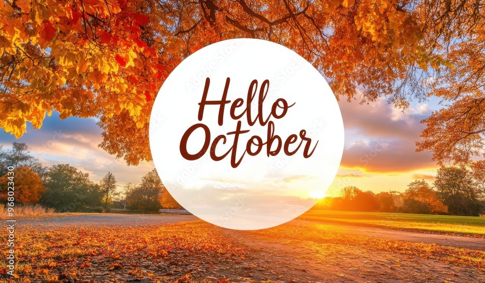 Poster a beautiful sunset in the background with an autumn landscape, featuring golden trees and colorful l