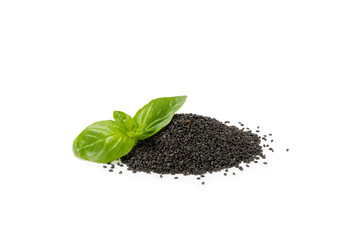 Basil seeds isolated on white background. Close-up. Superfood. Ocimum basilicum. Organic basil...