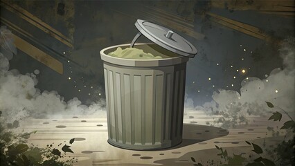 Metal trash can with lid in a dimly lit environment.