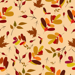 Seamless autumn pattern with leaves, berries. Fall background for textiles, fabrics, cotton fabric, covers, wallpaper, print, gift wrapping, postcard. Vector illustration
