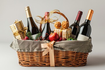 A basket of wine and fruit is presented on a table
