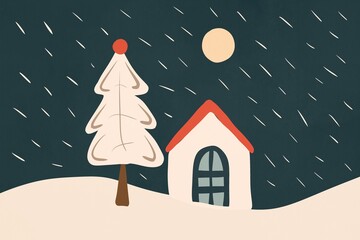 Snowy Christmas Eve with quaint cottage and tree