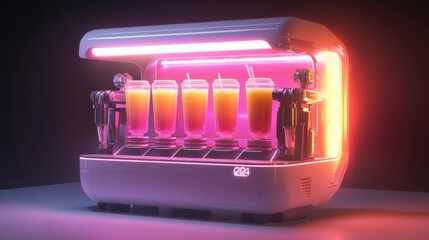 Obraz premium A high-tech smoothie stand with robotic mixers and glowing cups, delivering health in a glass style, isolated background