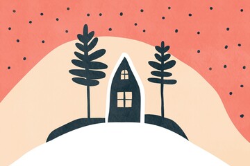 Cozy winter cabin illustration for Christmas postcard