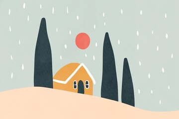 Cozy winter home in a snowy landscape illustration