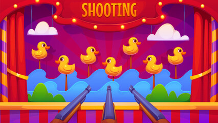Carnival shoot game with ducks, amusement park booth. Cartoon vector duck hunt funfair or circus shooting fairground entertainment. Small stall with drake bird targets, pond with waves and rifle guns © Vector Tradition