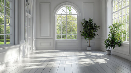 Fototapeta premium Sunlight streams through large windows in a white room.