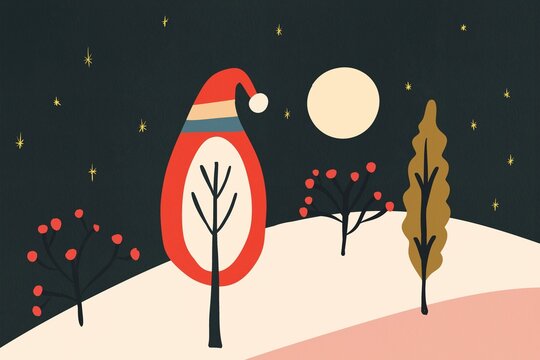 Minimalist Christmas postcard with festive penguin illustration