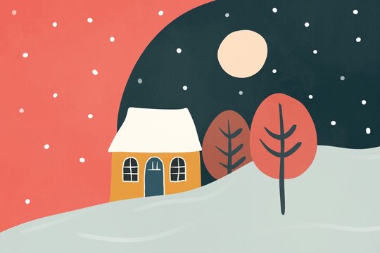 Snowy Christmas Eve Illustration with Cozy Cottage - Powered by Adobe