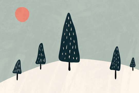 Minimalist winter landscape with stylized trees