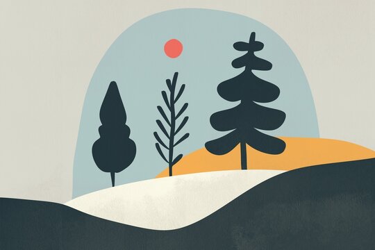 Minimalist Winter Landscape Illustration for Postcard