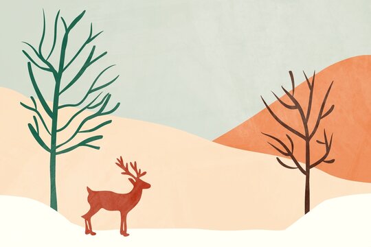 Minimalist reindeer winter scene for holiday postcards