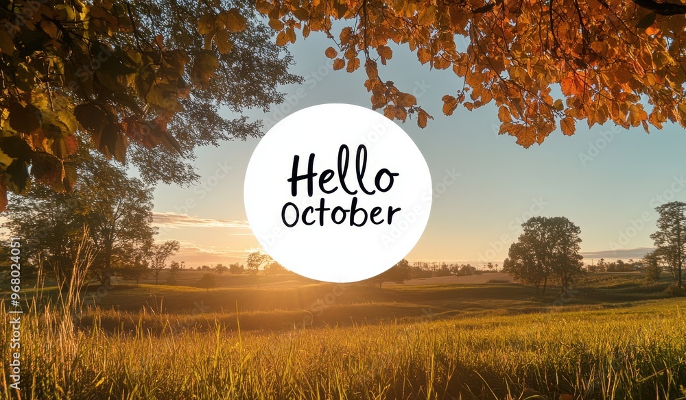 Poster a beautiful sunset in the fall with trees and grass there is a circle of white color on top of it in