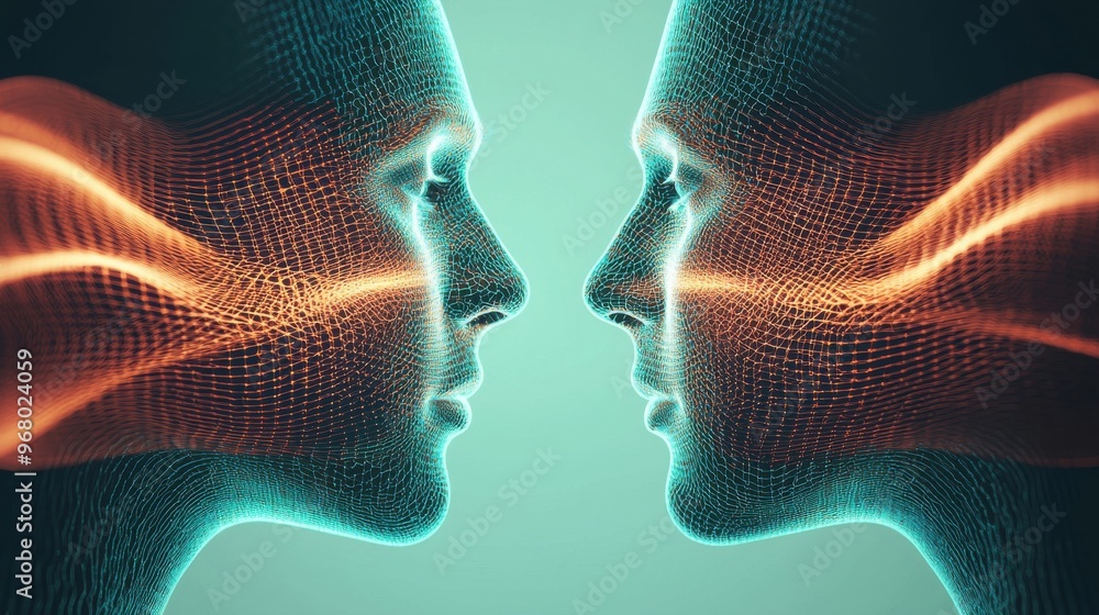 Poster two faces emerging from the same digital pattern, connected by abstract glowing lines, showing the c