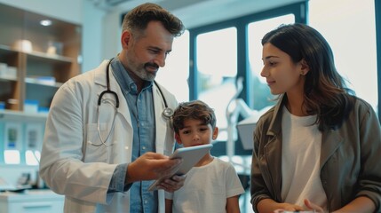 Obraz premium Doctor Consults Family on Medical Condition Using Digital Tablet in Modern Office Setting