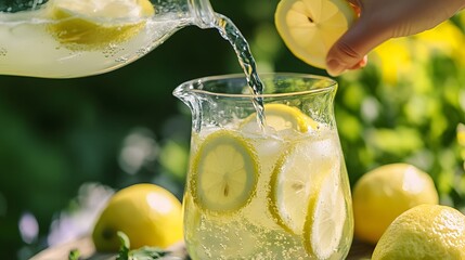 A close-up of a hand pouring a glass of lemonade from a vintage-style pitcher