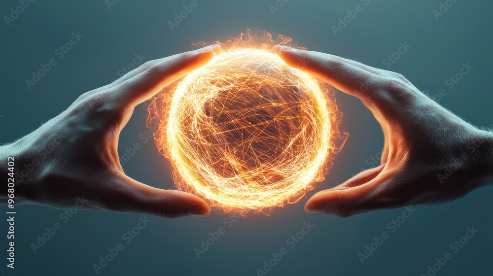 Poster two hands exchanging a glowing sphere, with the energy from the sphere creating a circular graph sho