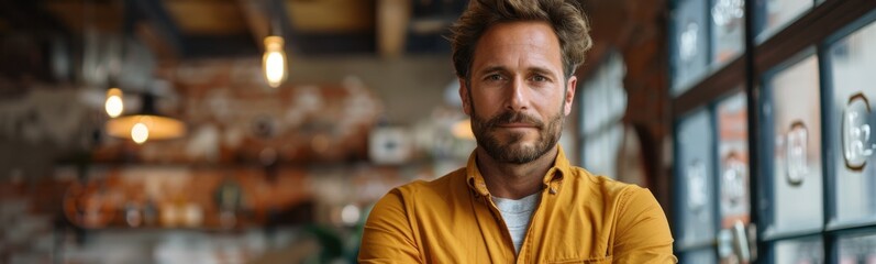 Fototapeta premium Man standing with his arms crossed in a restaurant