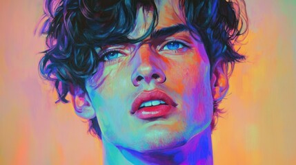 Fototapeta premium A vibrant portrait of a young man with blue eyes and curly hair
