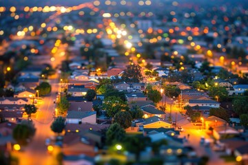 Urban Neighborhood at Dusk with Energy-Efficient LED Streetlights Illuminating Homes and Streets