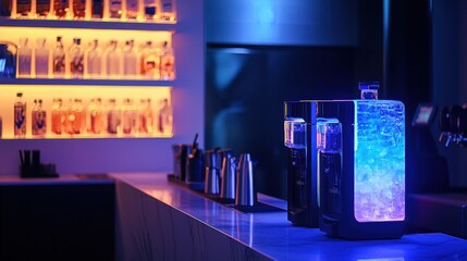 A high-tech hydration bar with robotic drink dispensers and neon-infused electrolytes, promoting recovery style, isolated background