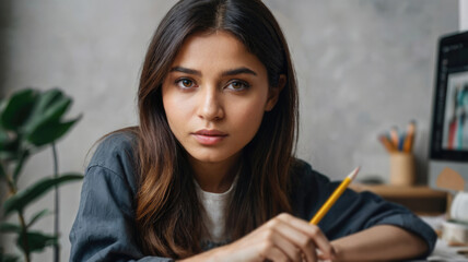 A Indian woman drawing with pencils at workplace in office
