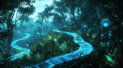 A high-tech nature reserve with robotic animal monitoring systems and bioluminescent trails, protecting wildlife style by, isolated background