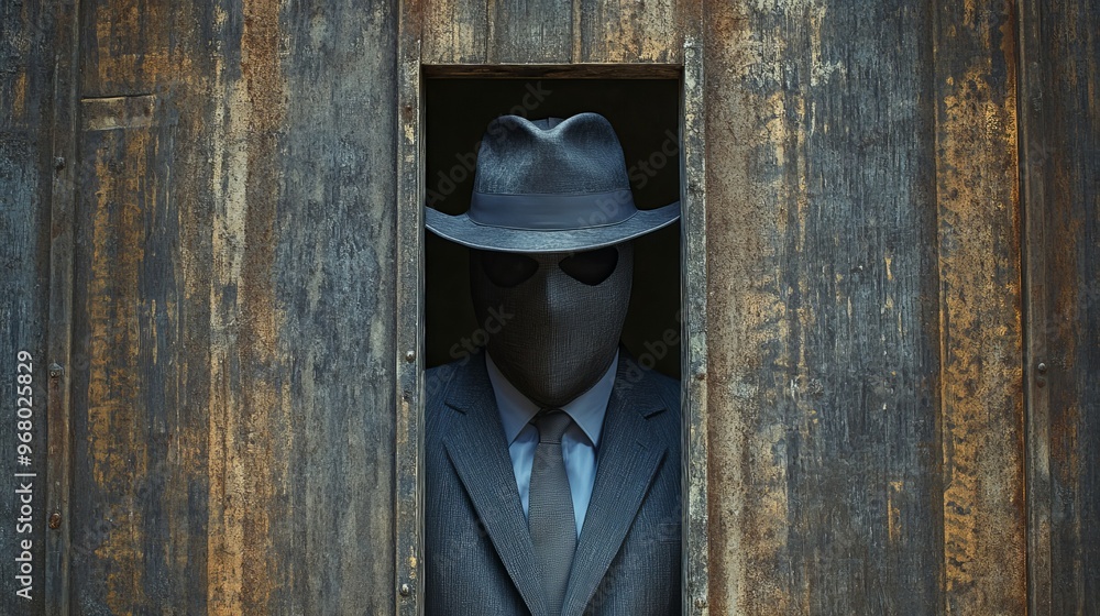 Poster A man in a suit and hat is standing in front of a wooden door