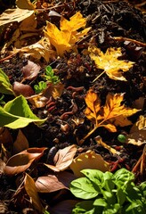 vibrant active compost pile demonstrating organic material transformation rich textures varied colors, soil, garden, decay, earth, composting
