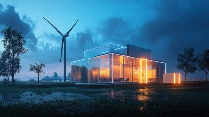 Fototapeta premium A modern wind farm with transparent turbines and glowing energy storage units, harnessing natural power style, isolated background