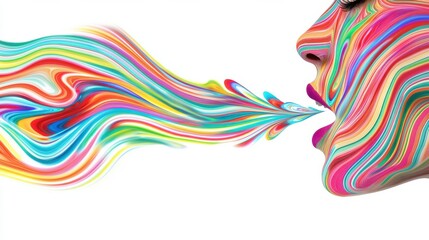 Fototapeta premium Whispers of the Mind: A whispering figure with colorful abstract thoughts swirling out of the mouth, showing how delicate thoughts, when spoken, take form and carry power in the world