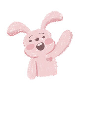 Bonita ilustración infantil sin fondo. Conejito rosado con corazón, saludando. Invitación a una fiesta de cumpleaños o baby shower. Textiles infantiles