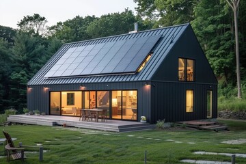 Obraz premium Modern Autonomous House with Solar Panels, Spacious Open Plan, and Large Backyard in Rural Setting