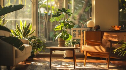 Fototapeta premium Interior design of living room with a monstera tree in mid-century modern style