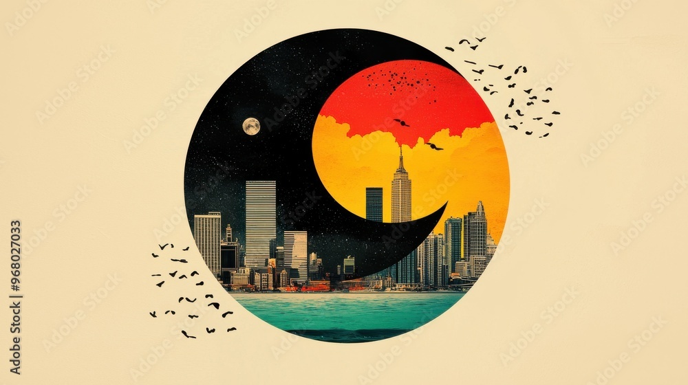Poster yin-yang of life and work: an abstract yin-yang symbol where one side represents work with geometric