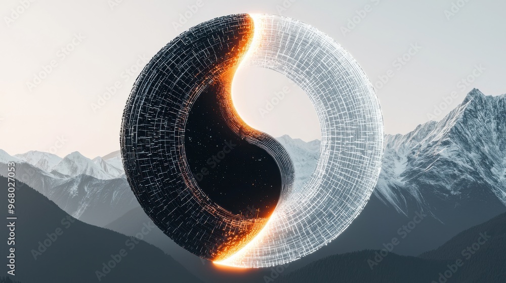 Poster yin-yang of work and life: a large yin-yang symbol made of contrasting textures, one half representi