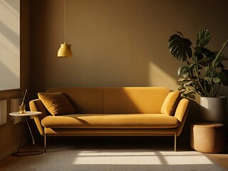 A sofa in living room, in dark yellow and light brown style, interior home decoration design concept