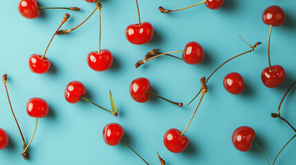 Bright red maraschino cherries against a blue backdrop.